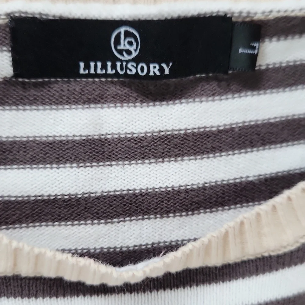Lighter Weight 100% Cotton Sweater Dark Gray and White Stripe Tan border - Large